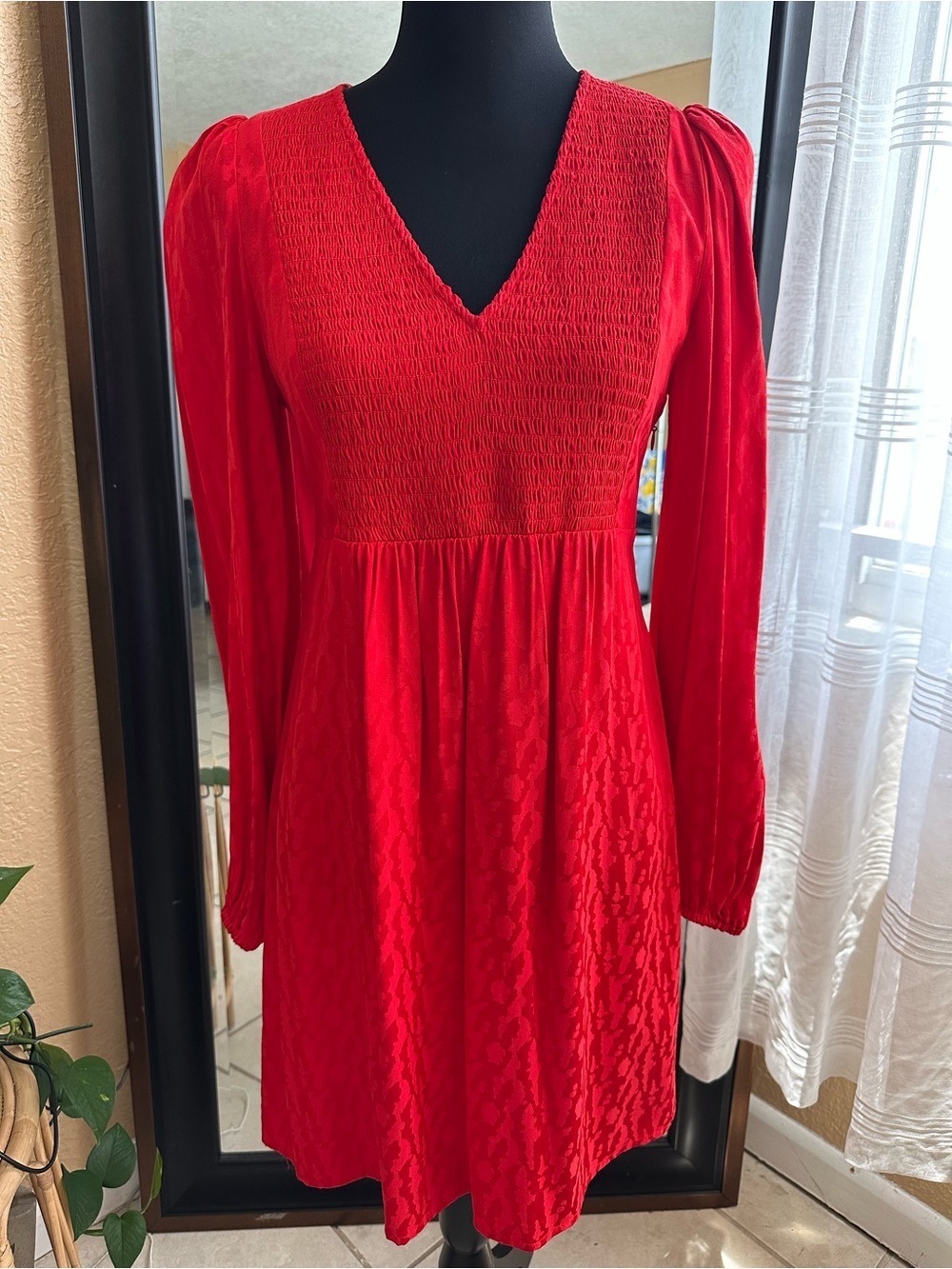 Maje Red Jacquard Smocked Mini Dress Long Sleeve Size 1